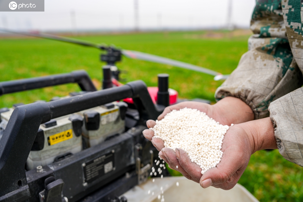 安徽合肥：农户操作植保无人机播撒肥料