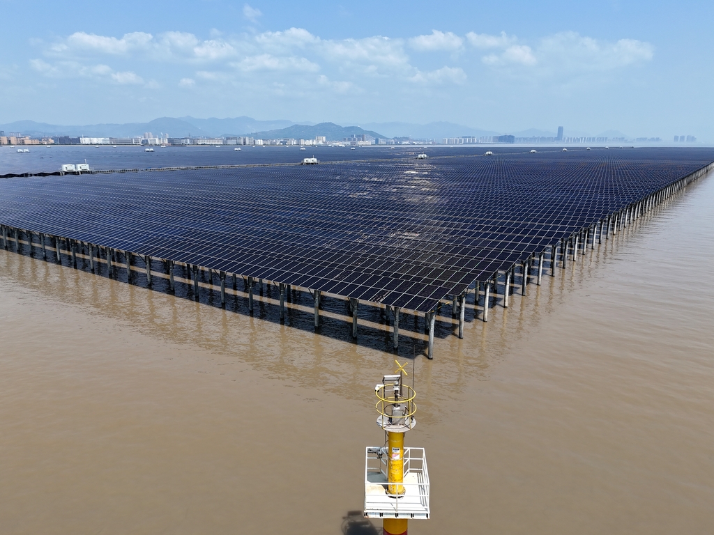 浙江温州：工人巡检维护“渔光互补”设施