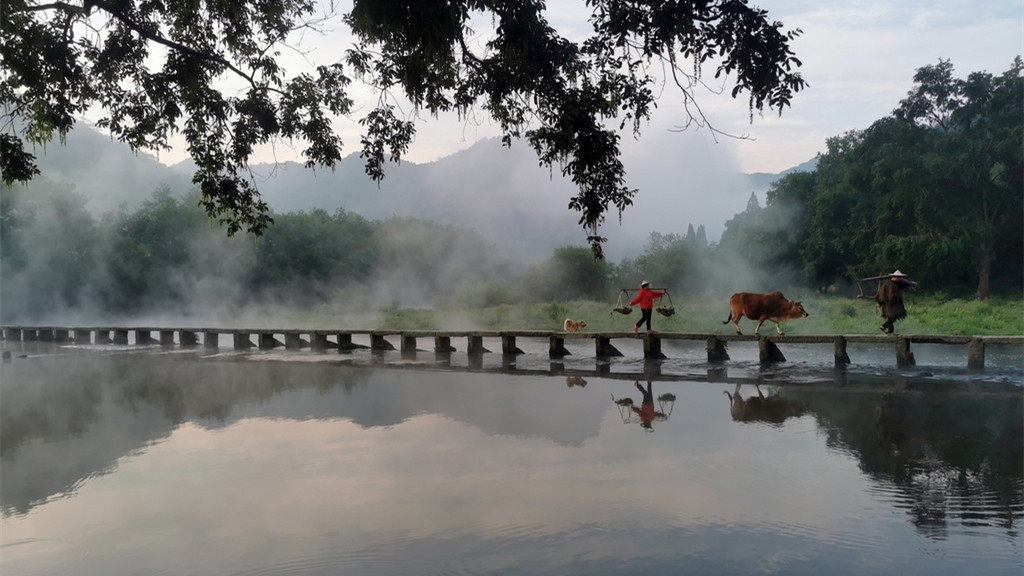 浙江丽水：缙云仙都景区晨雾缭绕