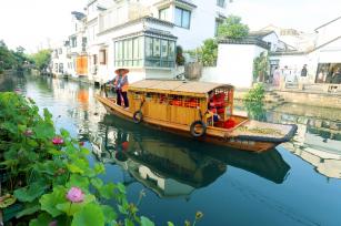 江苏苏州：众多游客乘小船 赏荷花