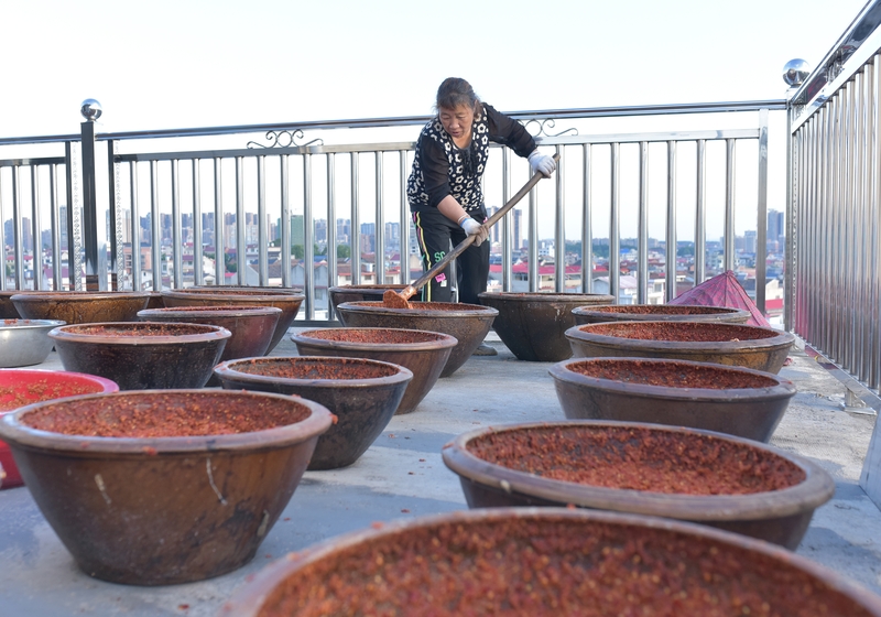 夏日时节 湖南娄底辣酱晒制忙
