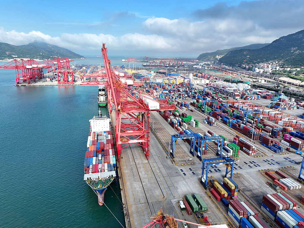 江苏连云港：货轮泊位内装卸集装箱