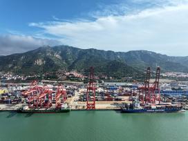 江苏连云港：货轮泊位内装卸集装箱