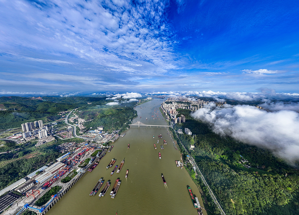 广西梧州：西江货船往来运输