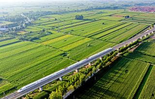 山西襄汾：高铁飞驰田野间