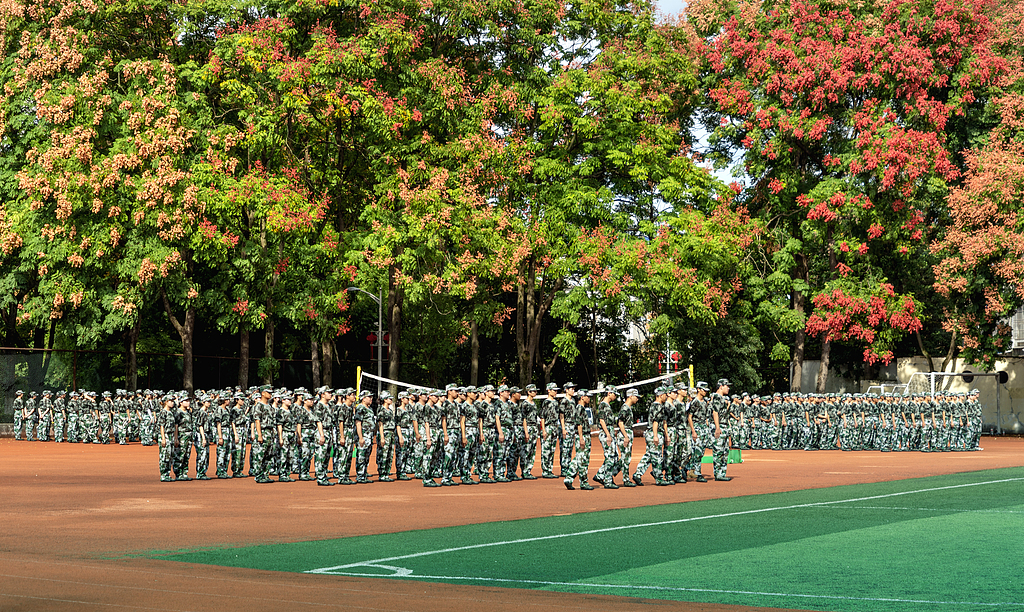 湖北恩施：栾树花开正艳 新生军训正酣