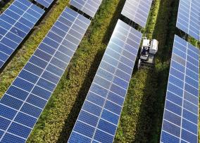 浙江乐清：收割机在光伏板下收稻谷