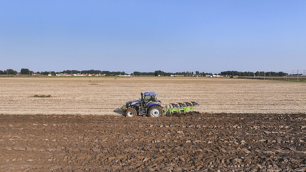 山东东营：农民驾驶拖拉机深耕土地