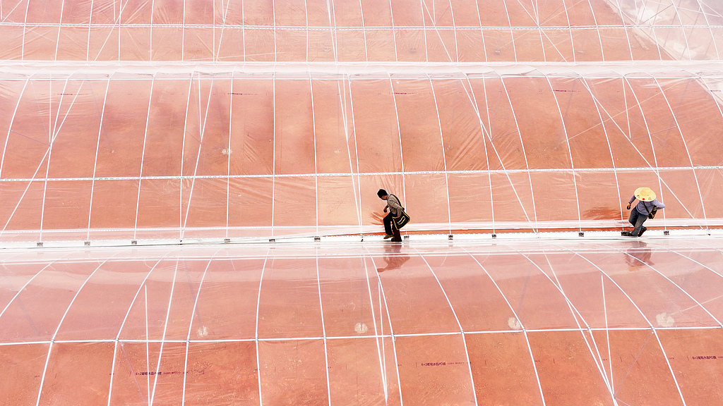 江西吉安：工人搭建智能温室大棚