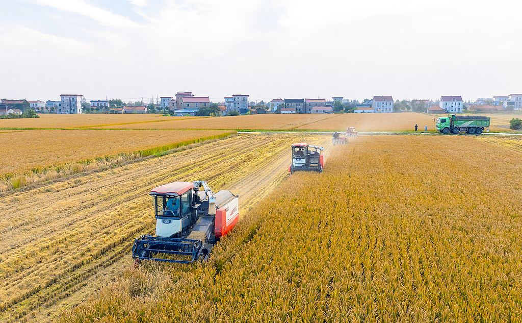 江苏南通：村民驾驶农机收割水稻