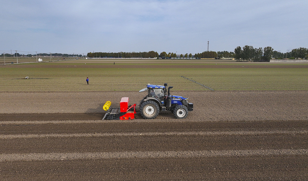 山东东营：村民驾驶农机田间播种冬小麦