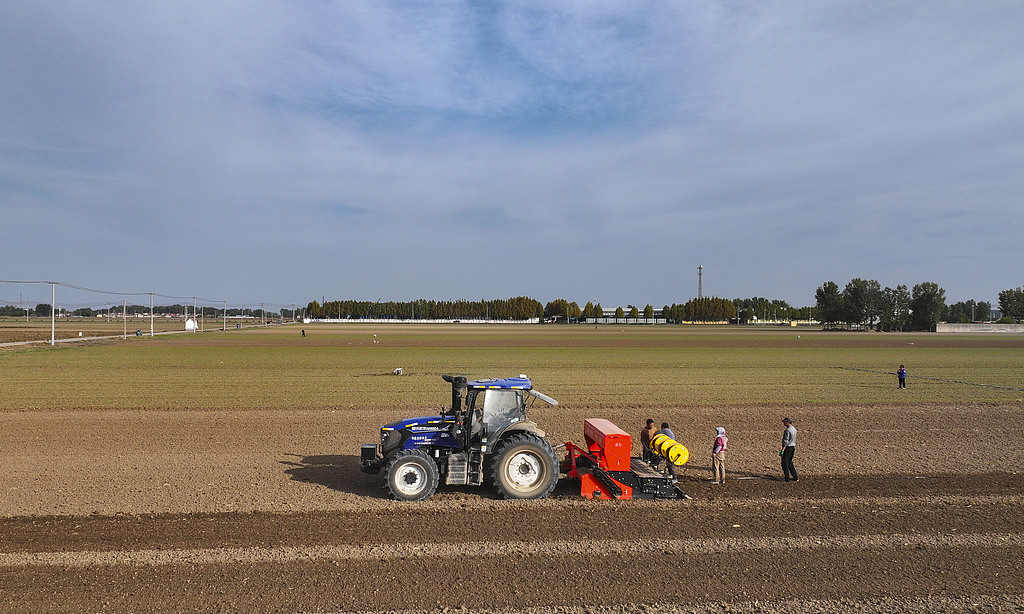 山东东营：村民驾驶农机田间播种冬小麦