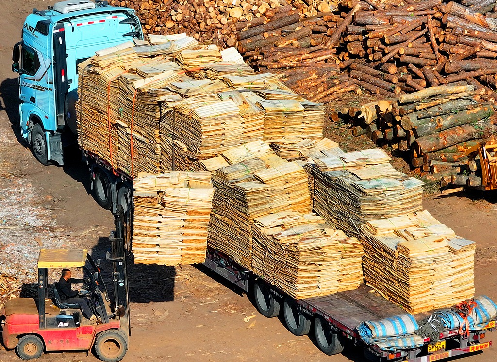 江西吉安：工作人员晾晒板材半成品