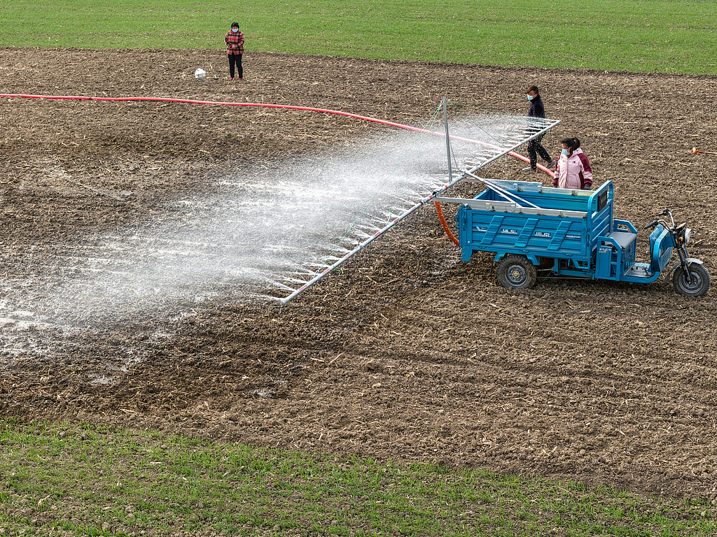 安徽亳州：农民对小麦进行补水补墒