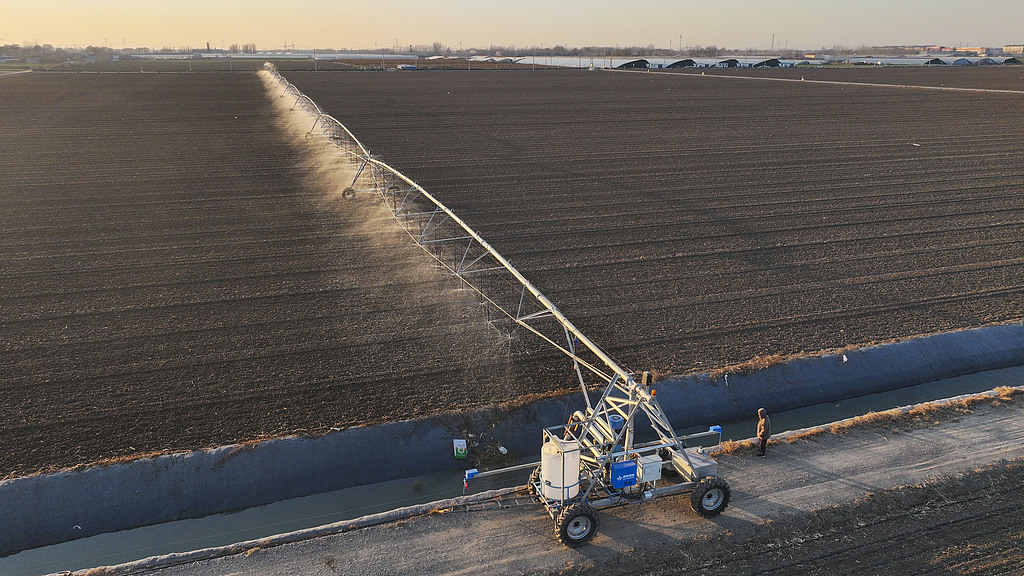 山东东营：农民驾驶喷灌机浇灌冬小麦