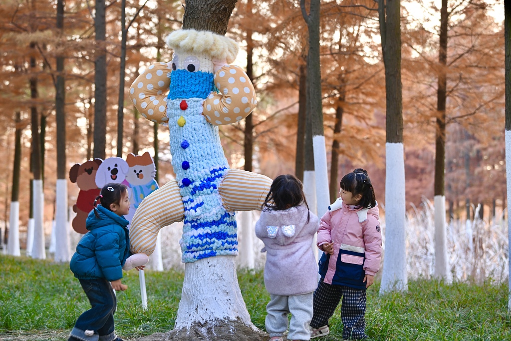 安徽合肥：树木“穿上”卡通毛衣