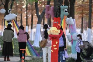 安徽合肥：树木“穿上”卡通毛衣