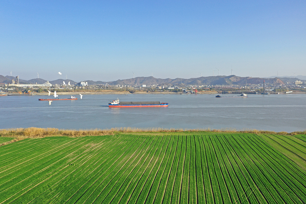 安徽安庆：长江航道内船舶往来穿梭