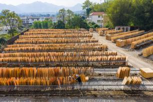 广西蒙山：工人抓晴好天气晾晒板材