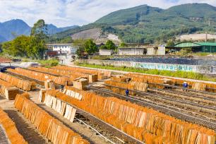 广西蒙山：工人抓晴好天气晾晒板材