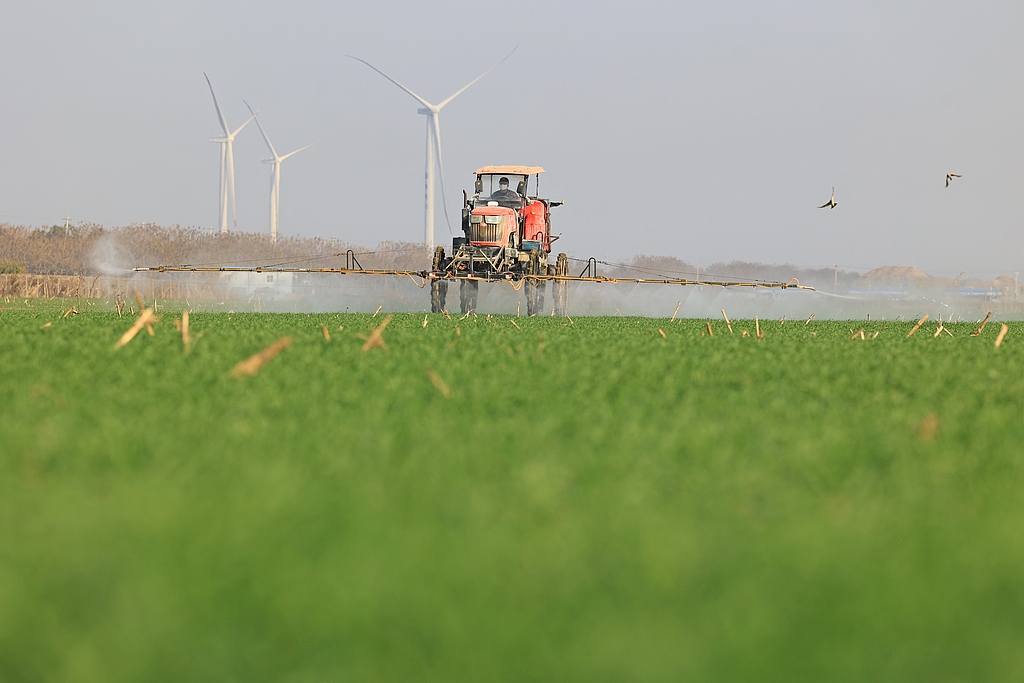 安徽安庆：农机手进行小麦冬季田管作业
