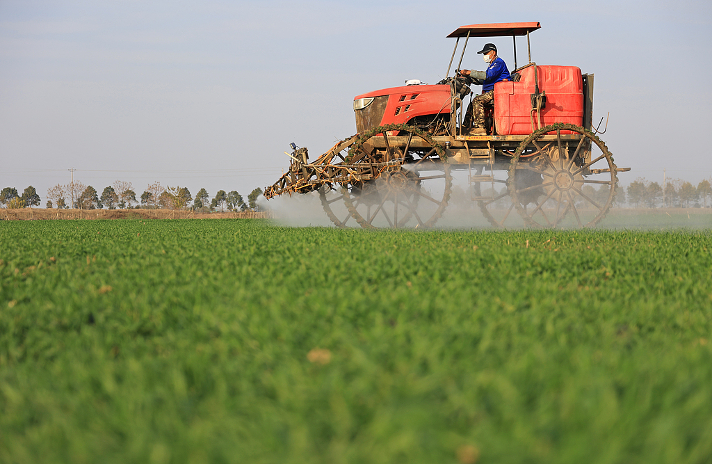安徽安庆：农机手进行小麦冬季田管作业