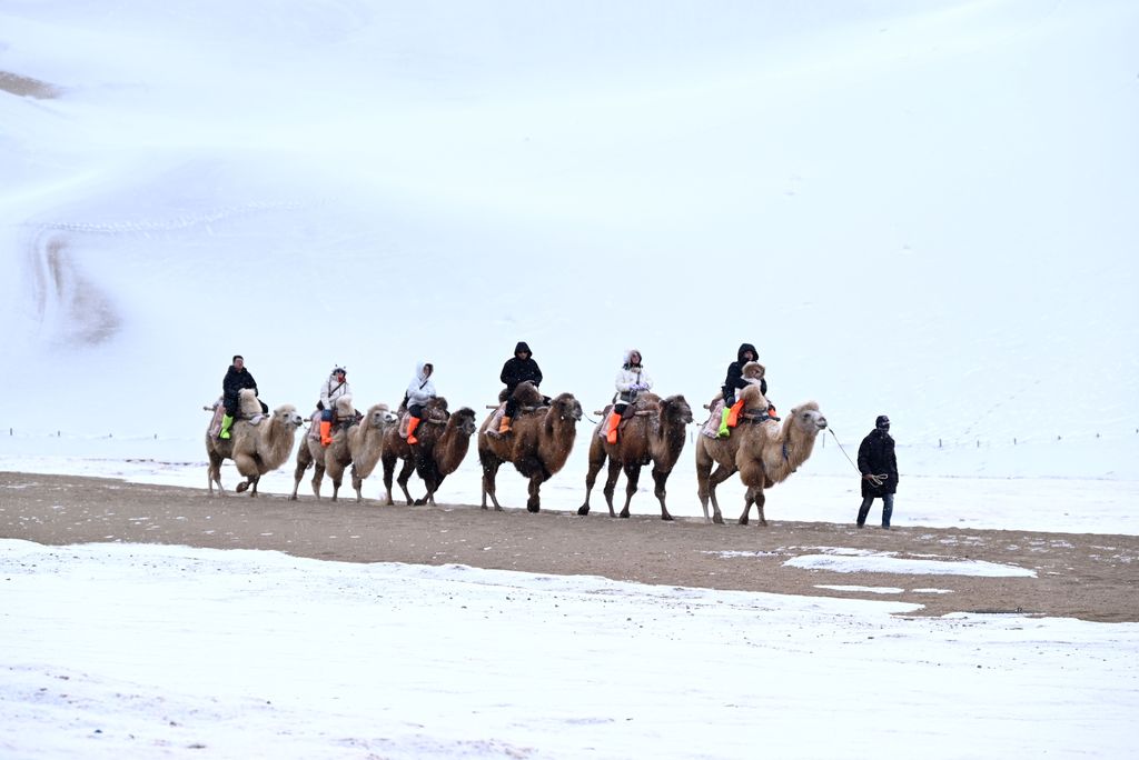 甘肃敦煌：游客踏雪赏景