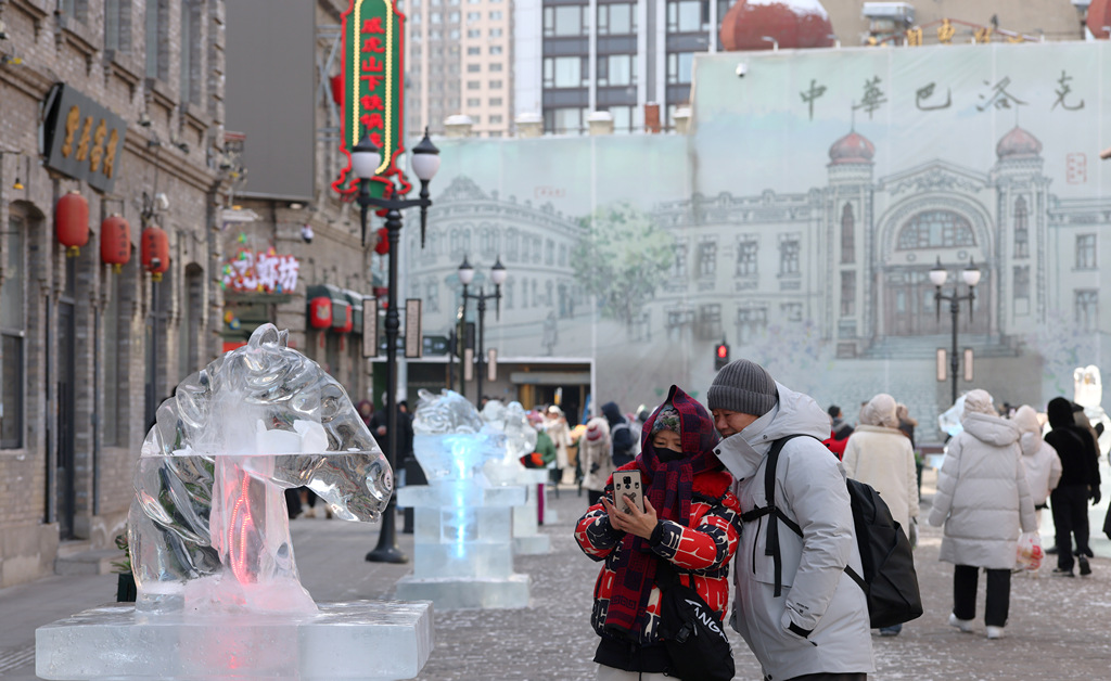 黑龙江哈尔滨：12生肖主题冰雕吸引游客