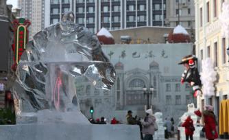 黑龙江哈尔滨：12生肖主题冰雕吸引游客