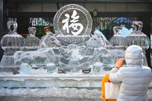 北京街头马元素冰雕吸引市民观赏