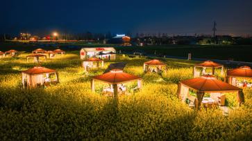 四川崇州：游客油菜花田品尝火锅