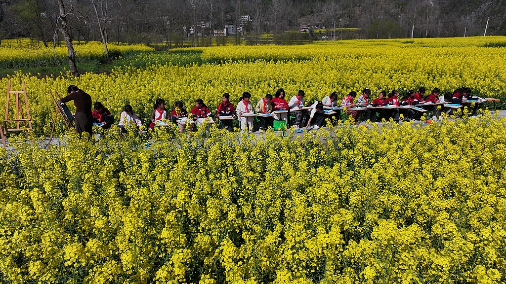 重庆：小学生油菜花海写生踏青