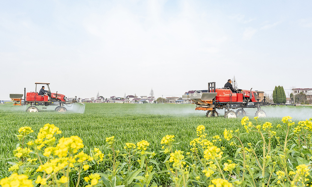 江苏南通：农民驾驶植保机管护麦田