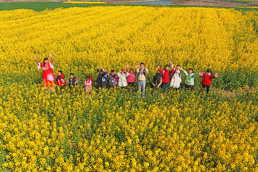 安徽无为：乡村儿童走进油菜花田感受春日