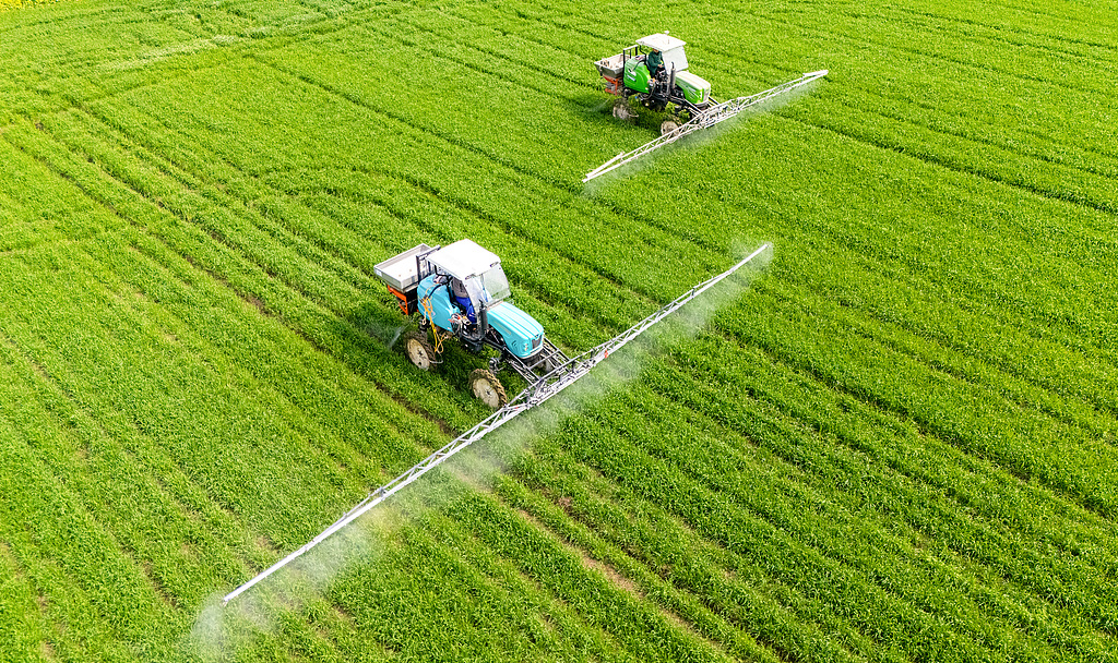 江苏南通：农民驾驶植保机管护麦田